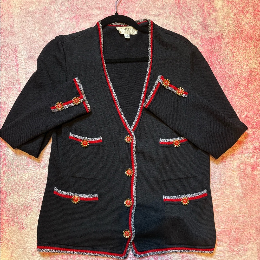 St. John Navy and Red Cardigan Sweater